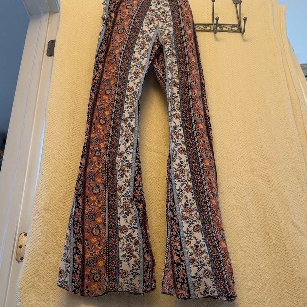 Floral Flare Pants with Red and Cream Accents